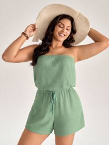 SHEIN LUNE Plus Size Sage Green Summer Casual Beach Holiday Strapless Romper, Solid Sleeveless Cinched Waist Jumpsuit,Tube Top Lounge Romper For Women - Mint Green - View 3