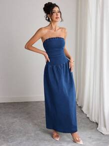 Elenzga Váy denim không tay, không dây màu trơn dành cho nữ - Màu xanh lam - Xem 6