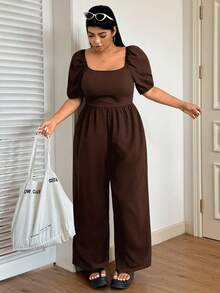 SHEIN EZwear Plus Size Women's Solid Color Puff Sleeve Loose Casual Summer Jumpsuit Brown Jumpsuit Women Puff Sleeve Brown Jumpsuit Casual Jumpsuits For Women - Brown - View 4