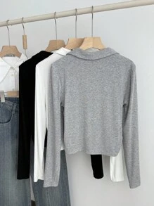 SHEIN 3 件套青少年女孩多色方领褶皱腰针织贴身休闲校园风格分层 T 恤 - 彩色 - 查看 2