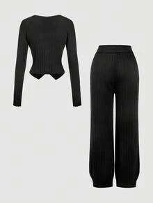 SHEIN MOD Women's Black Button Decorated Elegant Sweater And Knit Pants Set In Fall/Winter