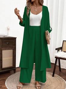 SHEIN LUNE 2件套女士休闲纯色长袖衬衫和裤子套装 - 墨綠色 - 查看 3