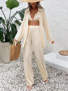 ZIRRA 3 件套女士纯色落肩长袖纹理面料衬衫和阔腿裤套装 - 杏色 - 查看 5