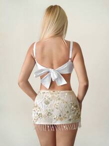 SHEIN ICON 女式串珠流苏下摆迷你裙，低腰紧身裙，内置短裤，性感别致的 B 秋季女装