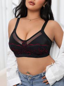 SHEIN Plus Size Floral Applique Mesh Patchwork Sexy Camisole Bra - Multicolor - View 5