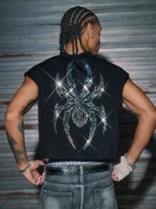 AXEPEAK 高街时尚上衣男士宽松无袖 T 恤蜘蛛图案水钻装饰背心，2000 年代风格 - 黑色 - 查看 5
