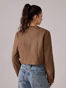 SHEIN MOD 女士拉链短款秋季外套，休闲拉链常规袖立领修身咖啡棕色纯色女式外套，适合秋冬季日常休闲穿着、外出、锐舞派对等场合。 - 黃色 - 查看 2