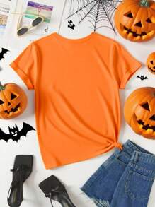 女式简约时尚休闲创意网格书形鬼魂图案印花圆领短袖 T 恤，万圣节 - 卡其色 - 查看 2