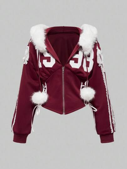 ROMWE Avant Felpa con cappuccio da donna in stile retrò Y2K, con ricamo numerico, contrasto di pizzo soffice e lacci, per look da college e strada