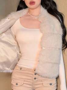 DAZY 女士优雅蓬松背心，秋冬季外套背心女式大衣 - 米色 - 查看 5