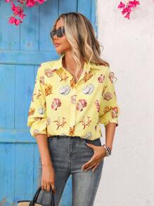 Vivid Eden Buttergelbe Boho Muschel-Muster Langarm Bluse für Frauen, Herbst Urlaub Strand & Alltag Lässig Sommer Blazer, Schulanfang Herbst - Gelb - Übersicht 1