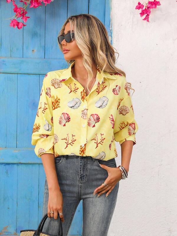 Vivid Eden Casual Versatile Printed Long Sleeve Blouse For Women, Suitable For Beach & Daily Wear, Summer Blazer, Seashell Print Cardigan, Yellow Seashell Cardigan, Summer Cardigan, Yellow Cardigan Women,Butter Yellow,Back To School,Fall Outfits For Women
