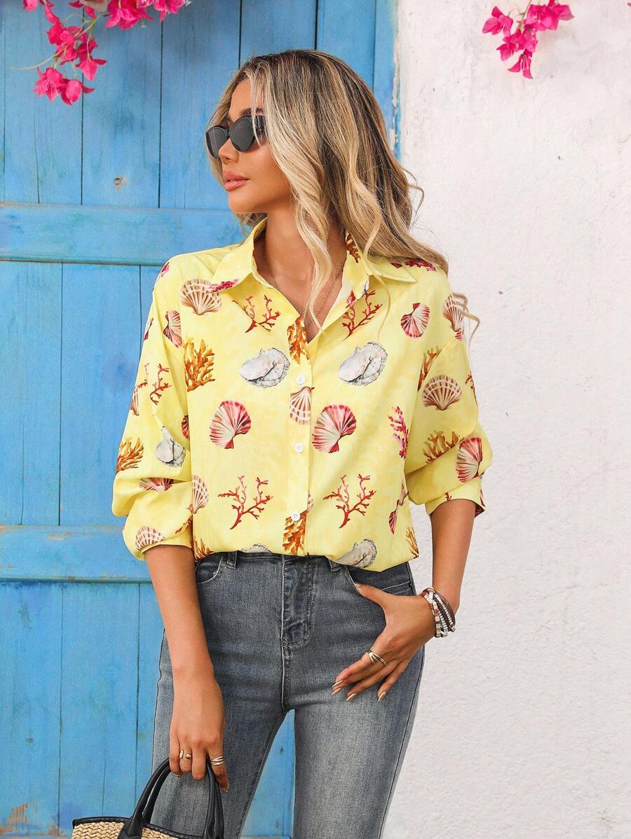 Vivid Eden Buttergelbe Boho Muschel-Muster Langarm Bluse für Frauen, Herbst Urlaub Strand & Alltag Lässig Sommer Blazer, Schulanfang Herbst - Gelb - Übersicht 1