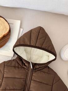 SHEIN Baby Boys Thermal Lined Hooded Zipper Jacket, Brown Winter Casual Warm All-Match Versatile Soft Comfortable Sporty Suitable For Outdoor Snow Play - Brown - View 5