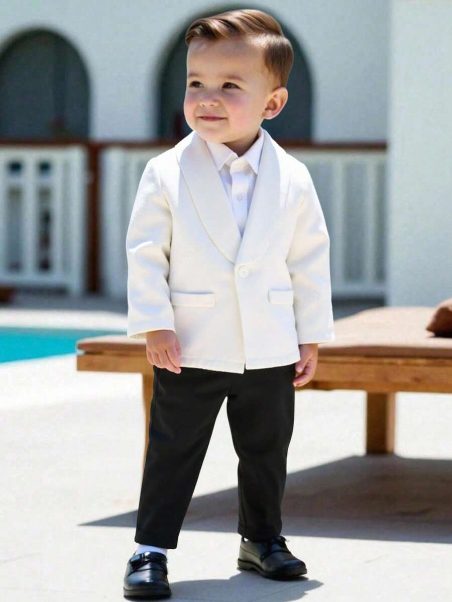 2pcs/Set Baby Boy Gentleman Outfit, White Blazer Jacket With Chest Flower Decor And Black Pants, Comfortable, Versatile, Classic Retro British Style, Suitable For Indoor, Outdoor, Daily, Sports, Play, Party, Photo Shoot, Holiday, Festival, Wedding, Baby Shower, Christening, 1st Birthday Tuxedo Suit Baby Boys Formal Wear White Blazer For Baby Boy, In Fall/Winter - Black and White - View 1