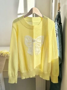 Comfortcana 大码女式休闲可爱蝴蝶结刺绣仿珍珠水晶装饰套头衫，秋季 - 黃色 - 查看 4