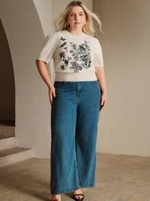 Anewsta Elegant Floral & Butterfly Embroidery Short Sleeve T-Shirt Top, Summer