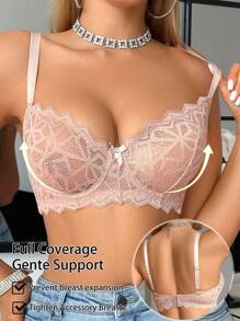 SHEIN 1 Áo ngực có gọng viền ren màu trơn dành cho nữ - Màu be - Xem 6