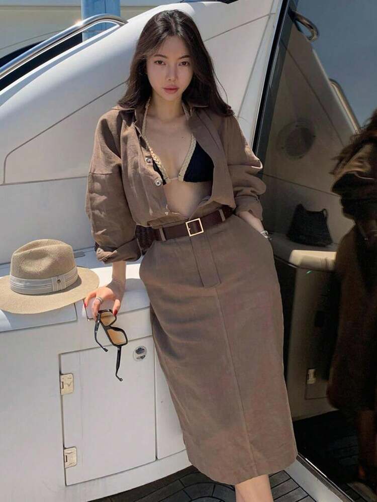 Elegant High Waist Casual Retro French Niche Design Single-Breasted Lapel Dress Maxi Dress
