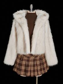 SHEIN ICON 加大码白色仿毛兔耳连帽蓬松大衣，甜美 Y2K 风格 - 白色 - 查看 4