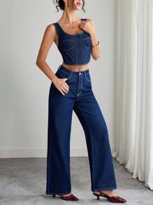Elenzga Conjunto de top corto sin espalda y pantalones vaqueros para mujer, ideal para el día a día - Azul lavado oscuro - Ver 5