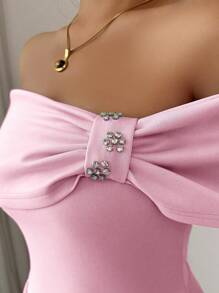 Selianne Đầm midi xòe tay ngắn hở vai đính đá thời trang dành cho nữ - Hồng - Xem 6