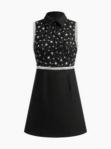 MOTF PREMIUM 撞色亮片饰带细节领口无袖短连衣裙 - 黑色 - 查看 7