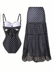 Swim Oasis 大码女式黑白圆点印花 V 领衬垫文胸可调节肩带蝴蝶结露背镂空吊带比基尼上衣搭配印花开衩简约 A 字裙，优雅性感休闲海滩度假连体泳衣套装 - 黑與白 - 查看 2
