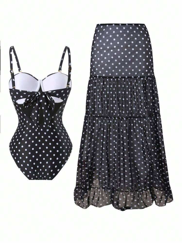 Swim Oasis 大码女式黑白圆点印花 V 领衬垫文胸可调节肩带蝴蝶结露背镂空吊带比基尼上衣搭配印花开衩简约 A 字裙，优雅性感休闲海滩度假连体泳衣套装 - 黑與白 - 查看 2