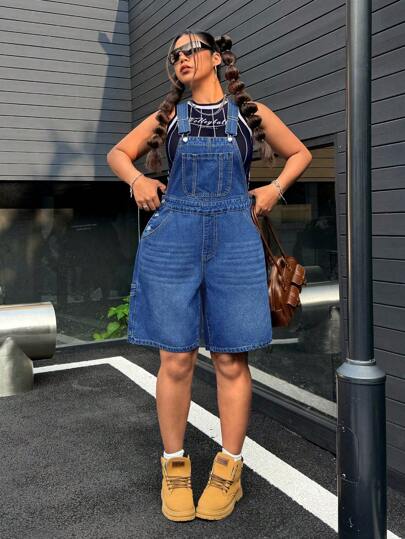 SHEIN CURVE+ Plus Size Women Summer Blue Denim Overalls, Cowgirl Outfit Autumn Curve Overalls