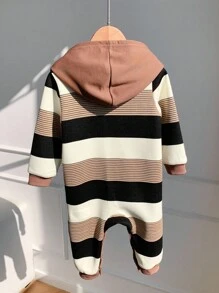 SHEIN 新生儿男女宝宝可爱秋冬休闲条纹卡通熊图案连帽抓绒连体衣，卡其色条纹婴儿服装，新生儿男女宝宝冬季服装，男宝宝服装，熊条纹男宝宝套装，男宝宝连帽连体衣 - 彩色 - 查看 6