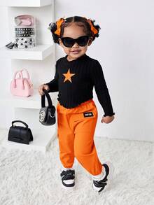 Bubblio Babygirl Cute Black Star Pattern Long Sleeve Top With Elastic Waist Orange Pants 2-Piece Set, Fashionable Outfit For Outings, Autumn/Winter Toddler Orange Outfit Baby 70s Outfit Groovy Toddler Outfit Toddler Black Top Orange Pants Baby Girl Outfits Fall - Multicolor - View 12