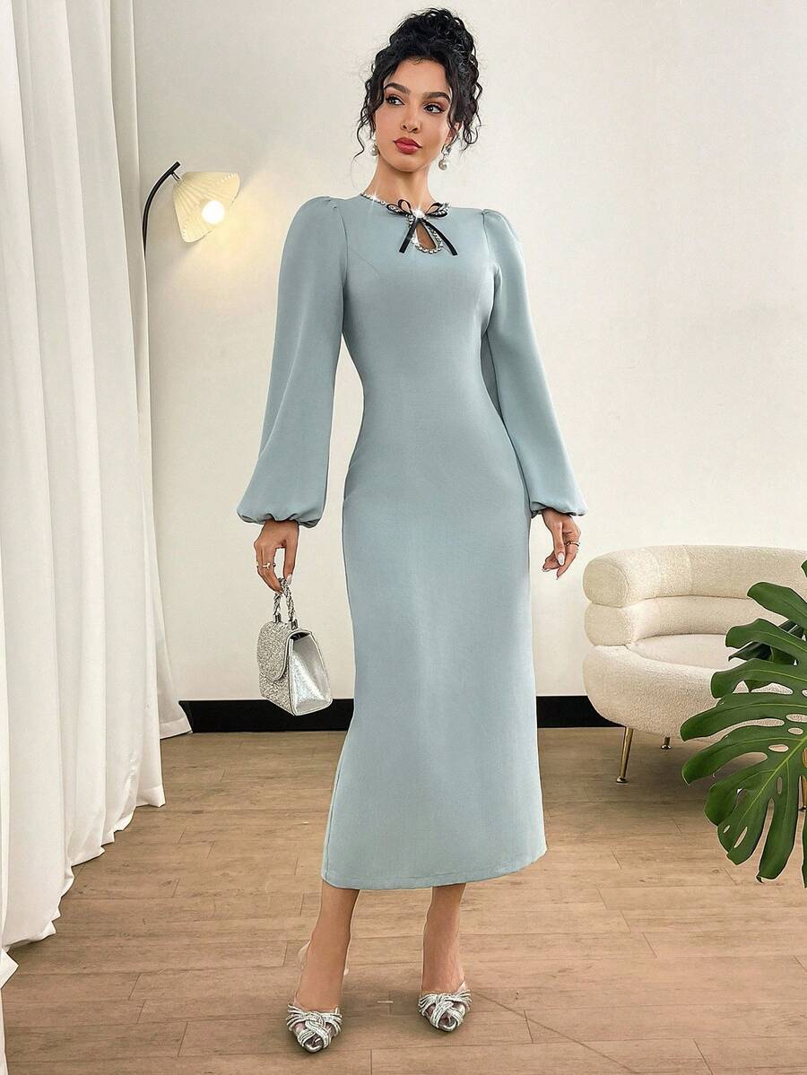 Modelyn Women's Lantern Sleeve Fashion Bow Decor Fitted Split Hem Fall Clothes For Women Wedding Guest Dress Elegant - Mint Green - View 1