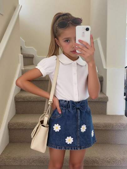 SHEIN 2 件白色泡泡袖衬衫搭配蓝色花卉印花牛仔裙套装，适合学校、返校、休闲和运动