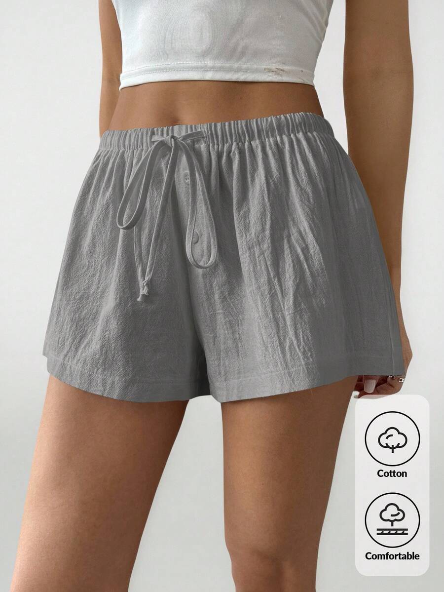 SHEIN PETITE Quần short lưng rút màu trơn đơn giản cho nữ - Màu xám đen - Xem 1