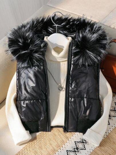Elladie kids Young Girl' Solid Color Fur Collar Sleeveless Padded Coat Girls Black Vest Kids Vest Girls Fall Winter