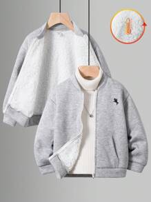 SHEIN Young Boy Casual Daily Pattern Sweatshirt, Jacket, Back To School Suitable For School, Vacation, Travel, Sports, Autumn/Winter Fall - Grey - View 4