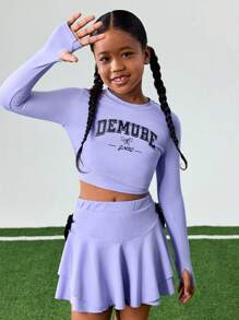 JNSQ 青少年女孩 2 件套服装套装 - 图案字母和蝴蝶结印花长袖上衣搭配 A 字裙，适合秋冬日常穿着、户外活动、度假、街头服饰、派对和休闲