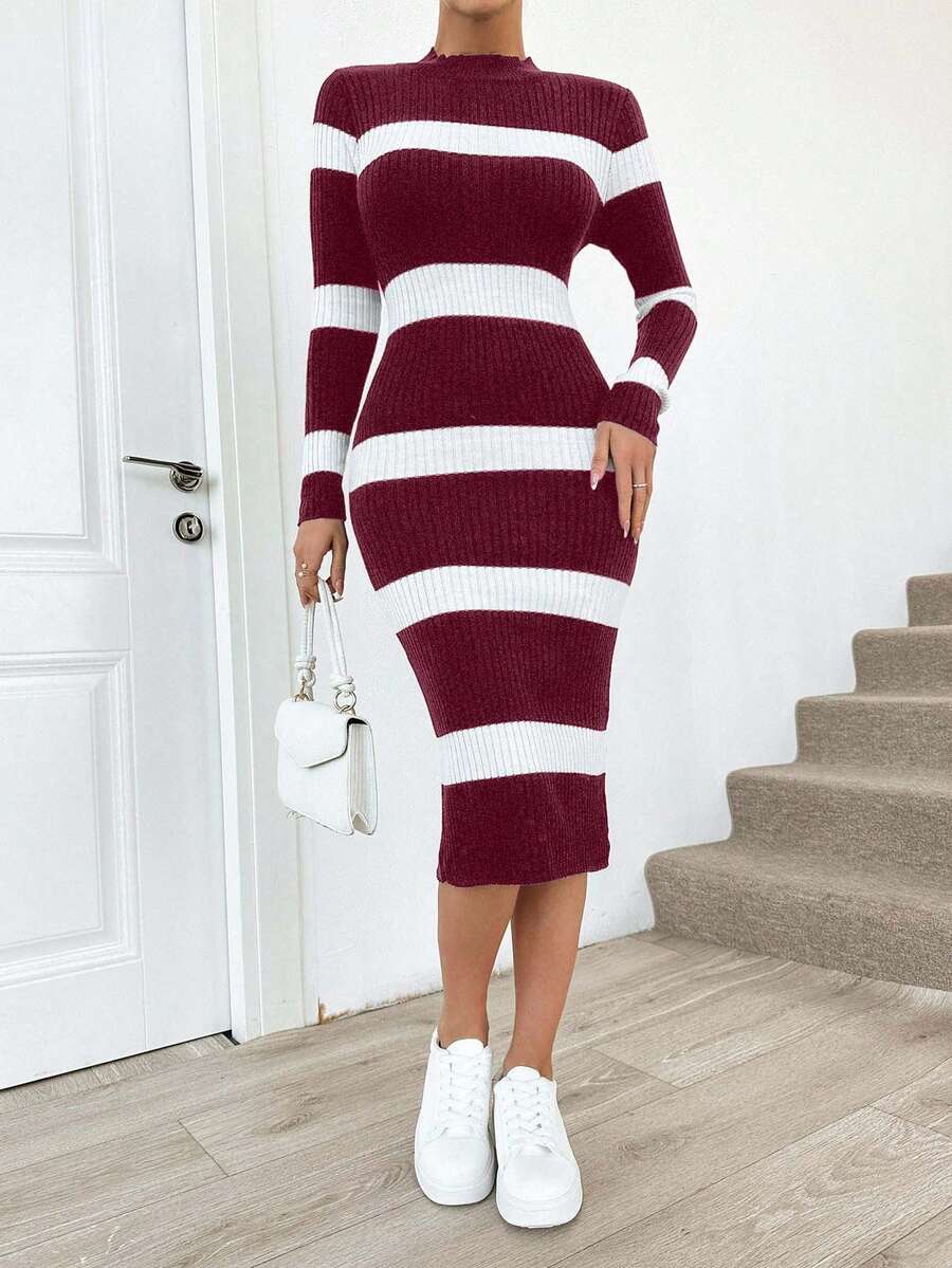 EURMUSE Women's Stand Collar Raglan Sleeve Ribbed Knit Ribbed Red And White Sweater Dress,Winter Dresses - Burgundy - View 1