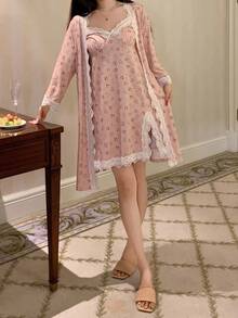 DAZY 2pcs Women Ditsy Floral Lace Patchwork Camisole Dress & Robe Sleepwear Set, Fall Clothes Pajama - Baby Pink - View 7