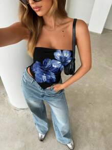 Siren Gaze 女士花卉印花不对称下摆抹胸，休闲简约，适合夏季 - 彩色 - 查看 5