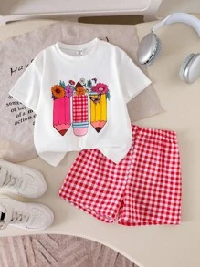 SHEIN 2 件装返校女孩（小号）铅笔画印花白色短袖上衣和舒适格子短款 T 恤套装，春夏时尚 - 白色 - 查看 4