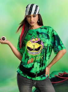 MADBALLS X SHEIN 女士扎染怪物印花圆领短袖T恤 - 綠色 - 查看 3