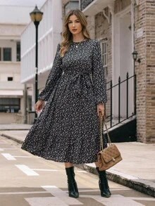 EMERY ROSE Ditsy Floral Keyhole Back Bishop Sleeve Ruffle Hem Belted Dress Maxi Women Outfit - Black - View 3
