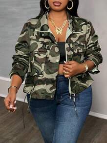 SHEIN CURVE+ Curves 大码/学校服装/返校服装/返校女士大码迷彩印花抽绳下摆夹克，秋季休闲外套迷彩夹克大码迷彩夹克女式迷彩夹克女式大码迷彩外套女式秋装、冬季、CURVE PLUS - 彩色 - 查看 6