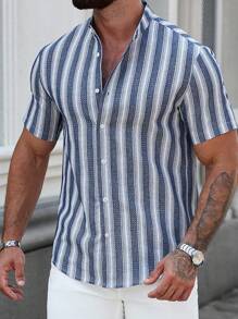 Manfinity Homme Camisa casual de hombre de solapa individual con rayas de manga corta, adecuada para ocio, hogar, viajes, textura tejida de punto, regalo para esposo y novio, camisa de manga corta popular de INS, verano - Multicolor - Ver 3