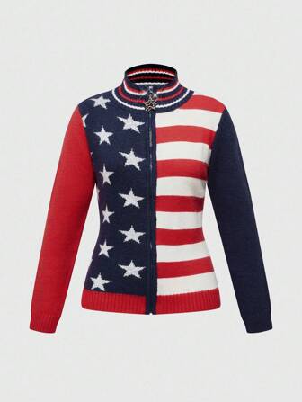 Cardigan aderente a righe grigie e a stelle della bandiera americana, stile Y2K baddie