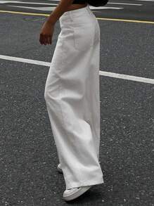 DAZY 女士小众提花牛仔裤，宽松直筒阔腿裤，垂坠长裤，高腰休闲裤 - 白色 - 查看 3