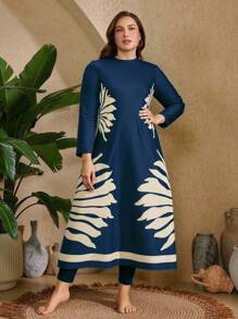 Swim Mulvari 3pcs Plus Size Women Modest Printed Long Sleeve Rash Guard & Burkini Swimsuit Set For Summer Beach Vacation - Navy Blue - View 1