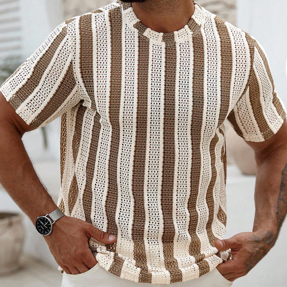 Camiseta de manga corta casual de verano con bloques de color y rayas para hombre